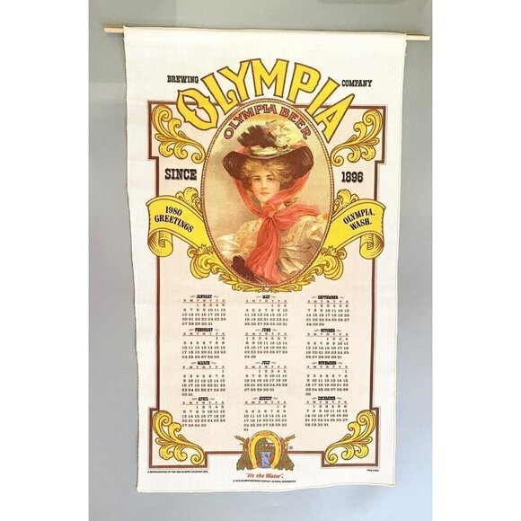 Olympia Brewing Co. Other - Vintage Olympia Beer Calendar 1980 Banner 1909 Olympia Calendar Girl 26.5x15.5”